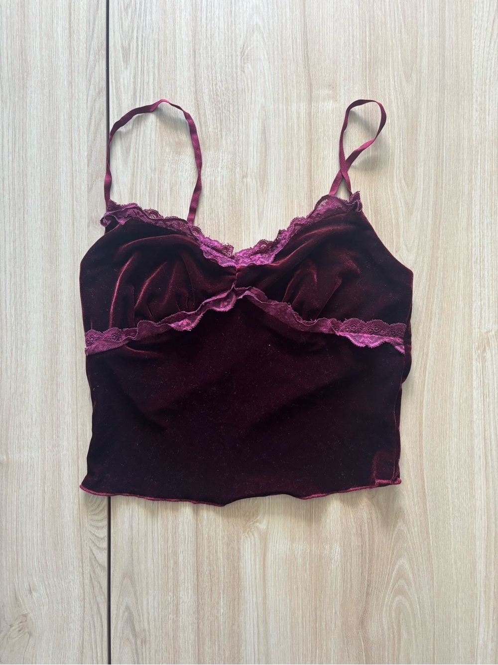 SHEIN Burgundy Velvet Lace Trim Cami Crop Top Size XS